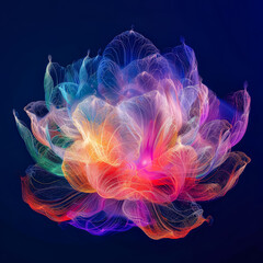 Obraz premium Colorful flower is floating in the sky above a cloud. The flower is made up of many different colors, creating a vibrant and lively atmosphere. Concept of joy and wonder