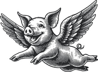 funny pig with wings happily flies style engraving hand drawn vector © Dmytro