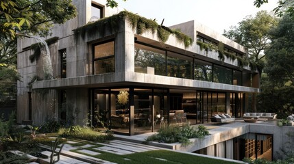 Fototapeta premium Modern Concrete House with Lush Greenery