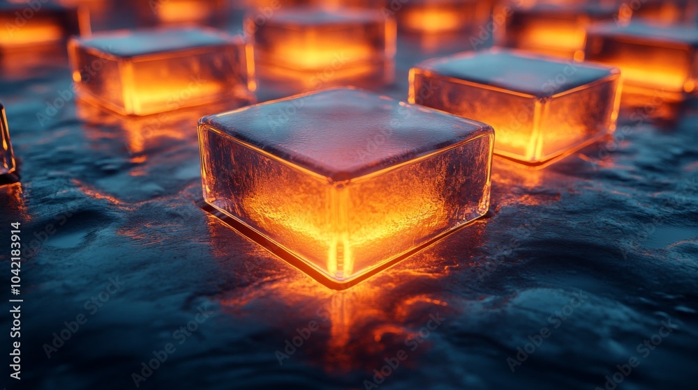 Poster The vibrant glow from the illuminated ice cubes creates a striking visual effect on the dark surface, showcasing a unique play of light and texture in an artistic arrangement.