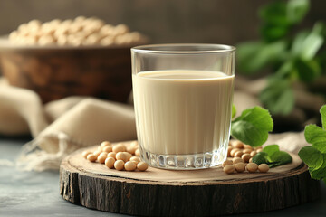 Creamy soy milk served in a clear glass on a rustic wooden board with soybeans and greens as decorative elements. Generative AI