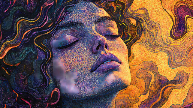 Portrait of a woman with undulating patterns and opium glow - pointillist technique gen ai. Pointillist Portrait. Illustration