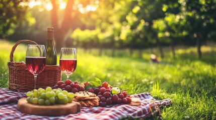A picnic basket with wine, grapes, and cookies on a checkered blanket in a grassy field with a vineyard in the background.