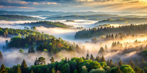Early morning light casts a golden hue over mist-covered valleys and dense forests, creating a breathtaking natural panorama that evokes tranquility