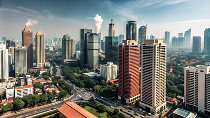 Fototapeta premium Jakarta's skyline showcases a blend of towering skyscrapers and lush greenery, illustrating the city's vibrant urban landscape under a clear blue sky