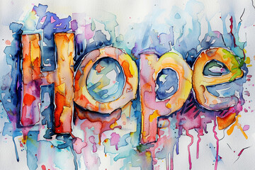 Fototapeta premium This artwork features the word 'Hope' created using vibrant watercolor techniques, surrounded by colorful splashes and drips that convey a sense of positivity and inspiration