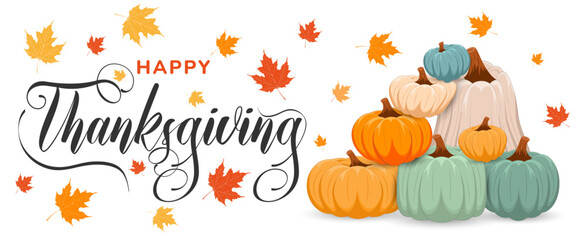 Happy Thanksgiving postcard. Thanksgiving banner decorated pumpkins and maple leafs. Vector illustration.