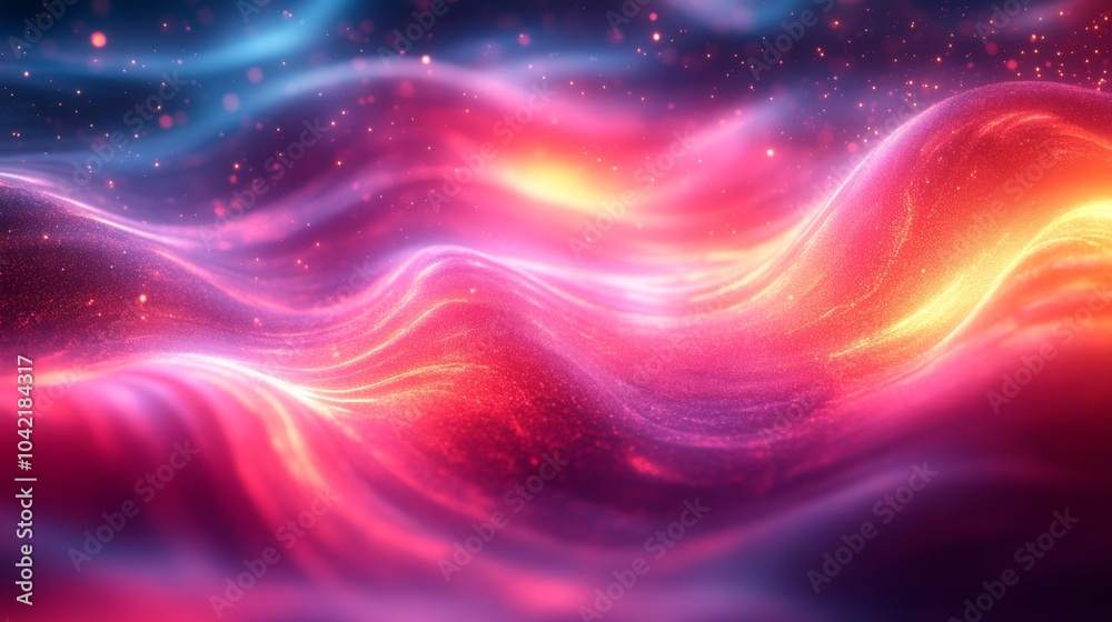 Poster Swirling waves of vibrant colors blend together, creating an enchanting abstract composition that captivates the viewer with dynamic movement and light.