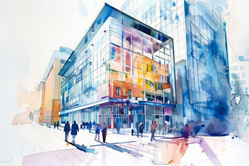A vibrant urban setting showcases a contemporary building with a striking glass exterior. People walk by, engaging with the busy city atmosphere in broad daylight
