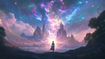 Silhouette of a Person Facing a Majestic Fantasy Landscape with Towering Mountains and Vibrant Cosmic Sky
