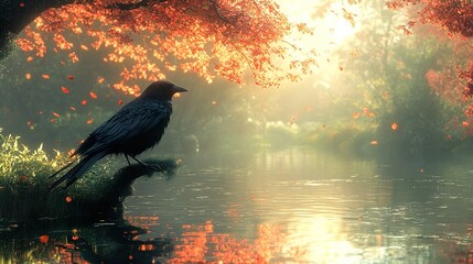Crow Perched on a Branch Over a Serene Lake in Autumn