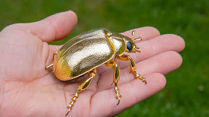 Big golden bug on human hand