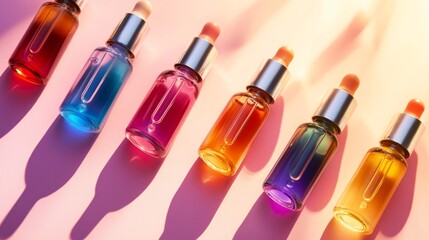 Obraz premium Top view of open serum dropper bottles with colorful liquids on a pink background, casting soft shadows in bright light