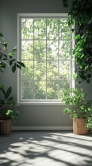Fototapeta premium Big window overlooking a forest, white room filled with plants, peaceful interior design