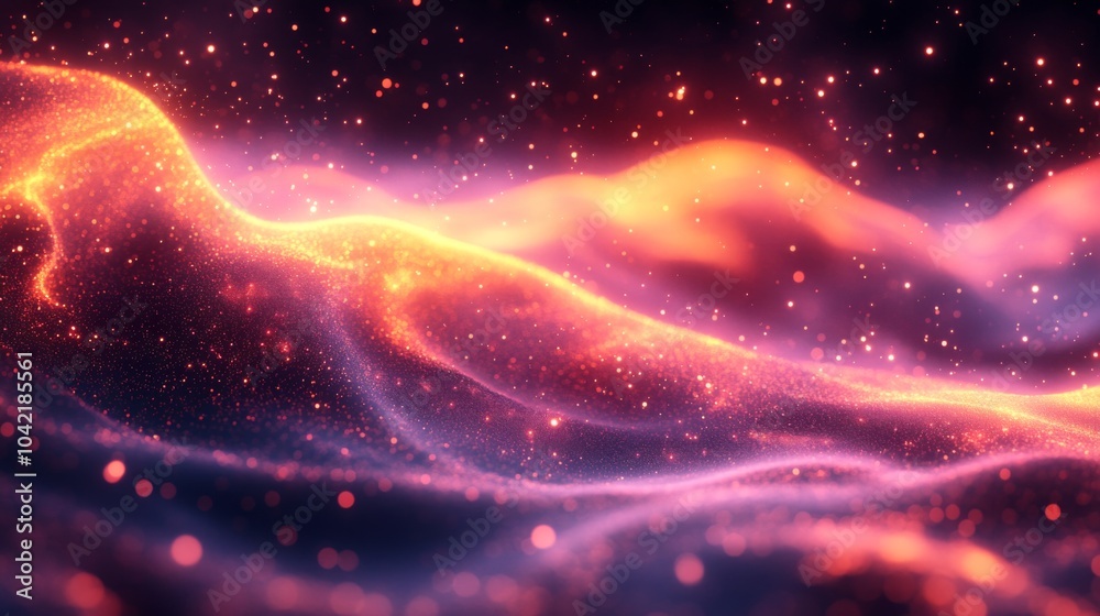 Poster A stunning display of vibrant cosmic waves illuminated by sparkling particles creates a mesmerizing effect against a dark backdrop, evoking the beauty of the universe.