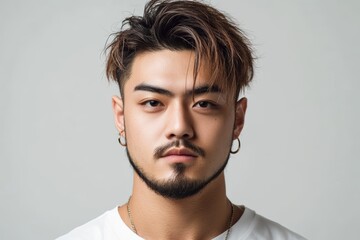 Fototapeta premium 男性の顔写真、ヘアスタイルとファッションを強調したシンプルな背景で撮影されたポートレート