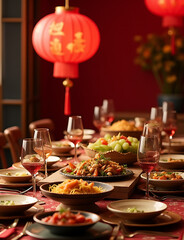 Fototapeta premium A traditional Chinese New Year gathering was held, featuring a sumptuous family dinner to mark the occasion.