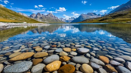 Tranquil Alpine Lake with Clear Blue Reflections and Rocky Shoreline in Mountain Landscape