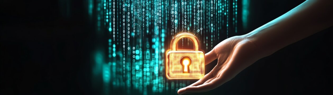 A persons hand hovering over a glowing digital padlock, symbolizing secure data, with binary code streaming in the background