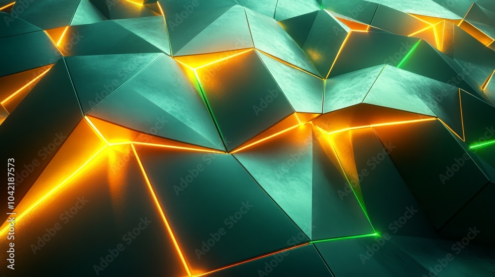 Poster Fascinating geometric forms create a dynamic visual experience with glowing orange and green lines, emphasizing deep textures and angles that enhance the modern abstract aesthetic.