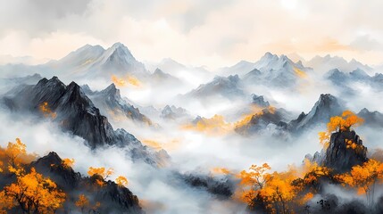 Misty autumn mountain scenery, with vibrant fall colors and fog enveloping the trees and peaks, perfect for reflective nature stock visuals.