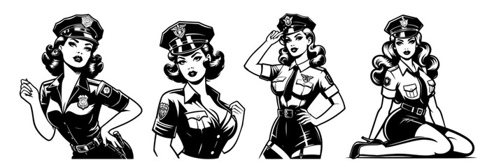 beauty pin-up girl illustration, adorable beautiful pinup woman model, comic book character, black shape silhouette vector decoration policewoman female police officer cop set