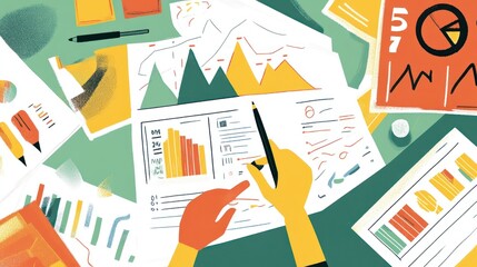 A hand points at a bar graph on a white sheet of paper with colorful charts and graphs on a green desk.