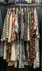 Colorful patterned clothes hanging on hangers.