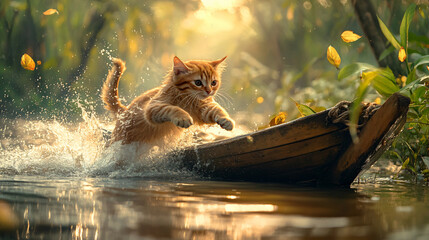 playful cat leaps energetically from boat into shimmering river, creating splashes and capturing essence of adventure in serene natural setting