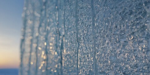 blurred winter landscape where snow gently falls, creating a frosty texture on the glass surface. The ethereal quality transforms the view into a soft, serene winter wonderland.


