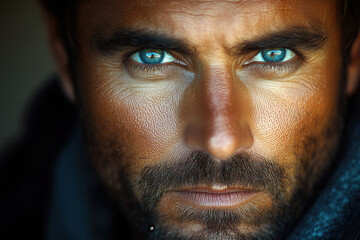 Obraz premium Rugged man with piercing blue eyes and detailed facial texture, AI generated