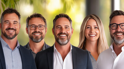 A group of five smiling people, standing together in a professional setting, dressed in business attire, with a blurred green background.