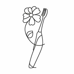 Toothbrush with flower design, black and white line art, hand-drawn dental care illustration, hygiene and nature concept.
