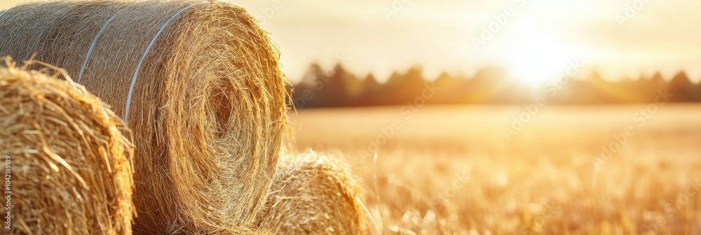 Poster stacks of golden hay bask in the warm sunlight, surrounded by vibrant fall colors on a clear day. ge