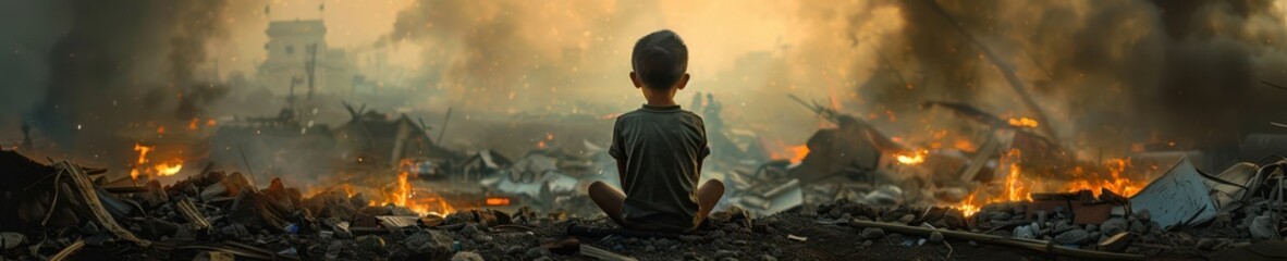 Young boy sitting amidst the ruins of a war-torn environment, staring at burning destruction. Free copy space for banner.