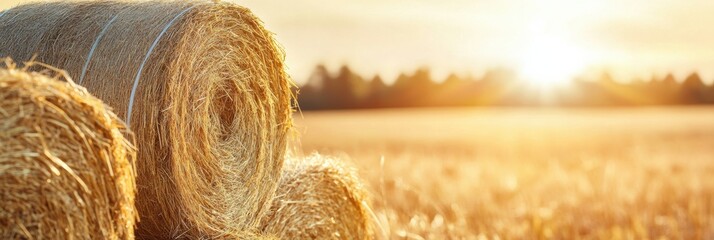 Stacks of golden hay bask in the warm sunlight, surrounded by vibrant fall colors on a clear day....