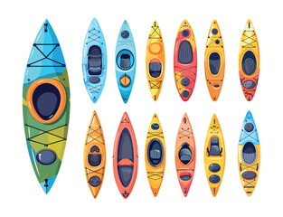 Sport kayaks top view cartoon vector set. water canoes paddling boats, watercraft outdoor activity adventure vessels, competition waterfall extreme equipment isolated artworks