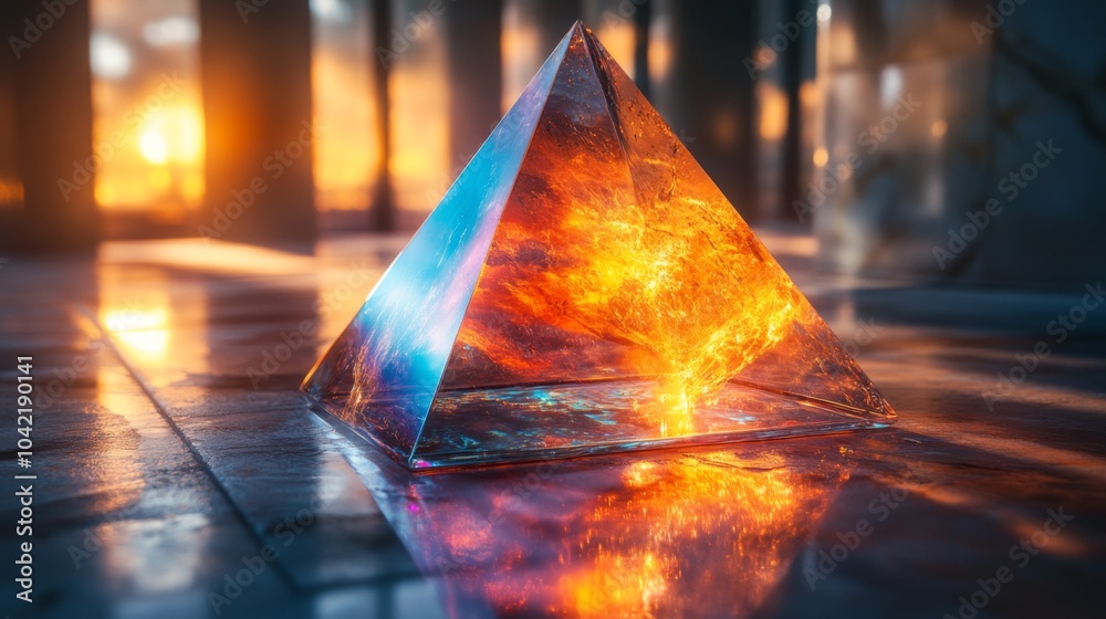Aufkleber a translucent pyramid sits on a reflective surface, capturing the warm hues of a sunset with vibrant