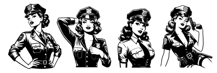 beauty pin-up girl illustration, adorable beautiful pinup woman model, comic book character, black shape silhouette vector decoration policewoman female police officer cop