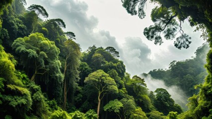 Fototapeta premium Majestic view of a mist-covered rainforest with towering green trees and vibrant foliage. Ideal for wilderness, adventure, or eco-tourism themes