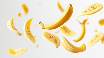 Banana Slices in Mid-Air, vibrant yellow banana slices suspended in space, showcasing their unique shapes and textures against a clean white backdrop, evoking a sense of fun and whimsy