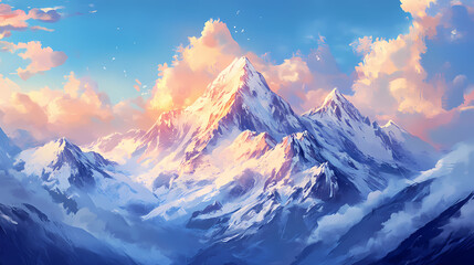 Spectacular snow-capped mountain peaks bask in soft golden light of dawn, set against a brilliant blue sky with gentle clouds, serene and majestic landscape. Snow-capped Peaks. Illustration