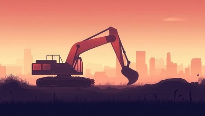 Excavator at construction site with city skyline silhouette and sunset sky, positive development