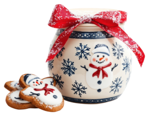 PNG Snow cookie pottery jar snowman winter snowflake.