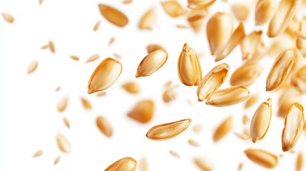 Dynamic scattering of corn seeds in mid-air, showcasing their vibrant golden hue and unique shapes, evoking movement and the essence of agricultural abundance.