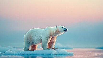 A polar bear stands on an ice floe, surrounded by calm arctic waters, under a pastel-colored sky during sunset.
