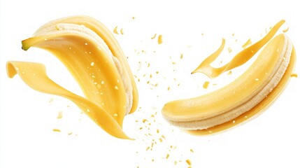 Banana Slices in Mid-Air, an enticing arrangement of vibrant yellow banana slices suspended in the air, creating a playful and appetizing visual delight.