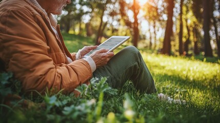 Senior man using tablet in a park on a sunny day.
