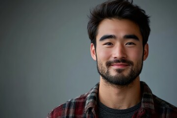 Fototapeta premium 若い男性が笑顔でカメラに向かっている、落ち着いた室内での自然な表情