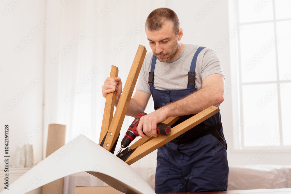 Poster professional craftsman carpenter installing table using electric drill assembling furniture standing